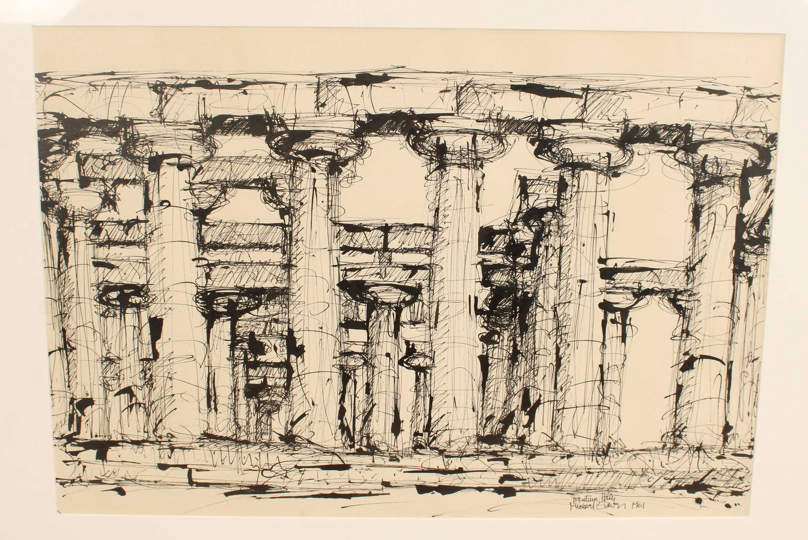 Michael Graves, 1961 Colonnade Ink Drawing: Pen and ink on paper drawing from Michael Graves (American 1934-2015), framed and matted, dated 1961. Grand Tour artwork, Italy Temples of Juno and Neptune. Framed and re-dedicated by Michael Graves i