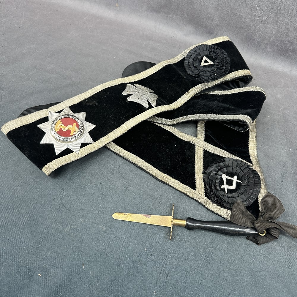 Masonic Ceremonial Sash, Compass & Square: Vintage Masonic ceremonial sash, black velvet with gold trim. Attached ceremonial blade, brass and wood, black rosette with compass and square, rosette with triangle, silver etched cross, and a 9 side