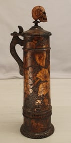 Folk Art Carved Wood Stein, Skull Finial