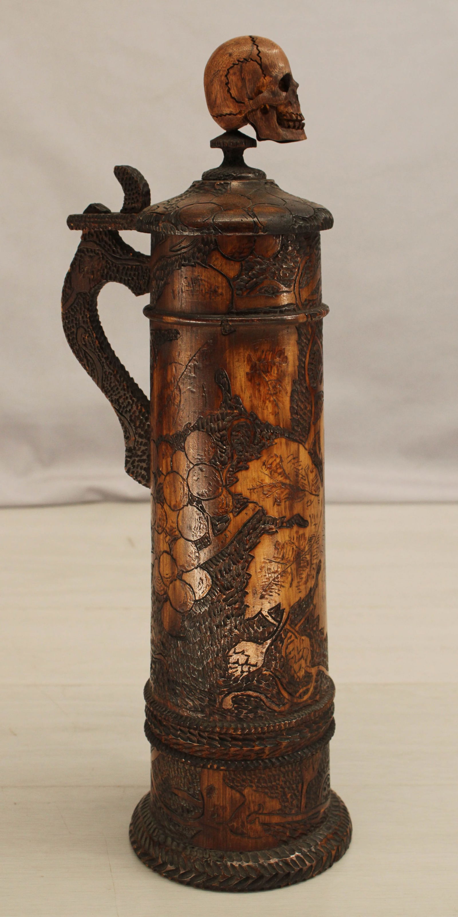 Folk Art Carved Wood Stein, Skull Finial (1 of 10)