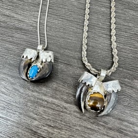 2 Cat Claw Naja Pendants, Turquoise & Tiger's Eye