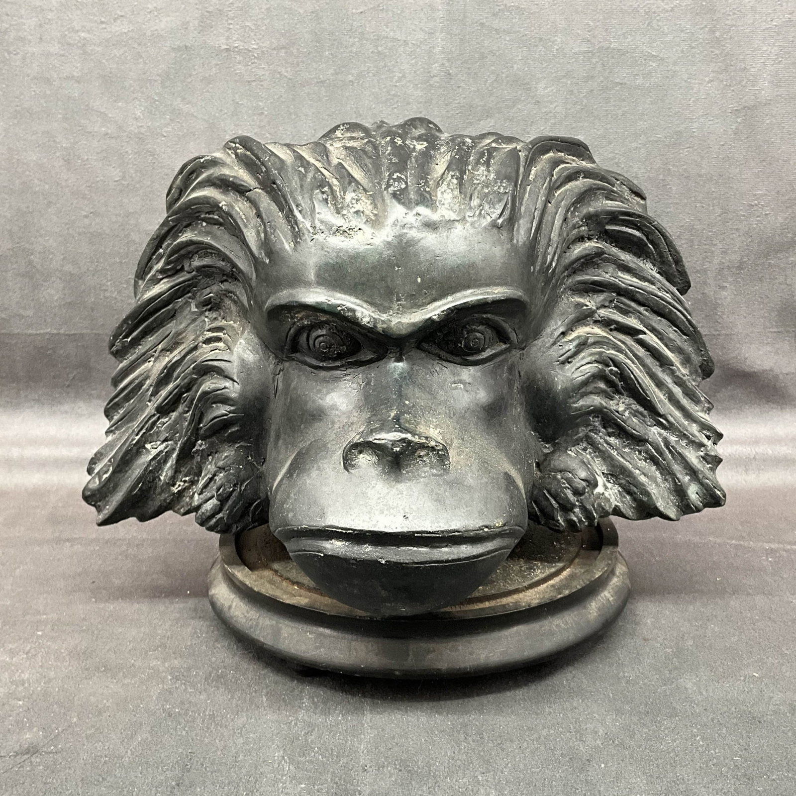 Figural Bronze Primate Head: Hollow form bronze long haired primate head on wood plinth. Size: 8"T x 10.8"L x 8"D