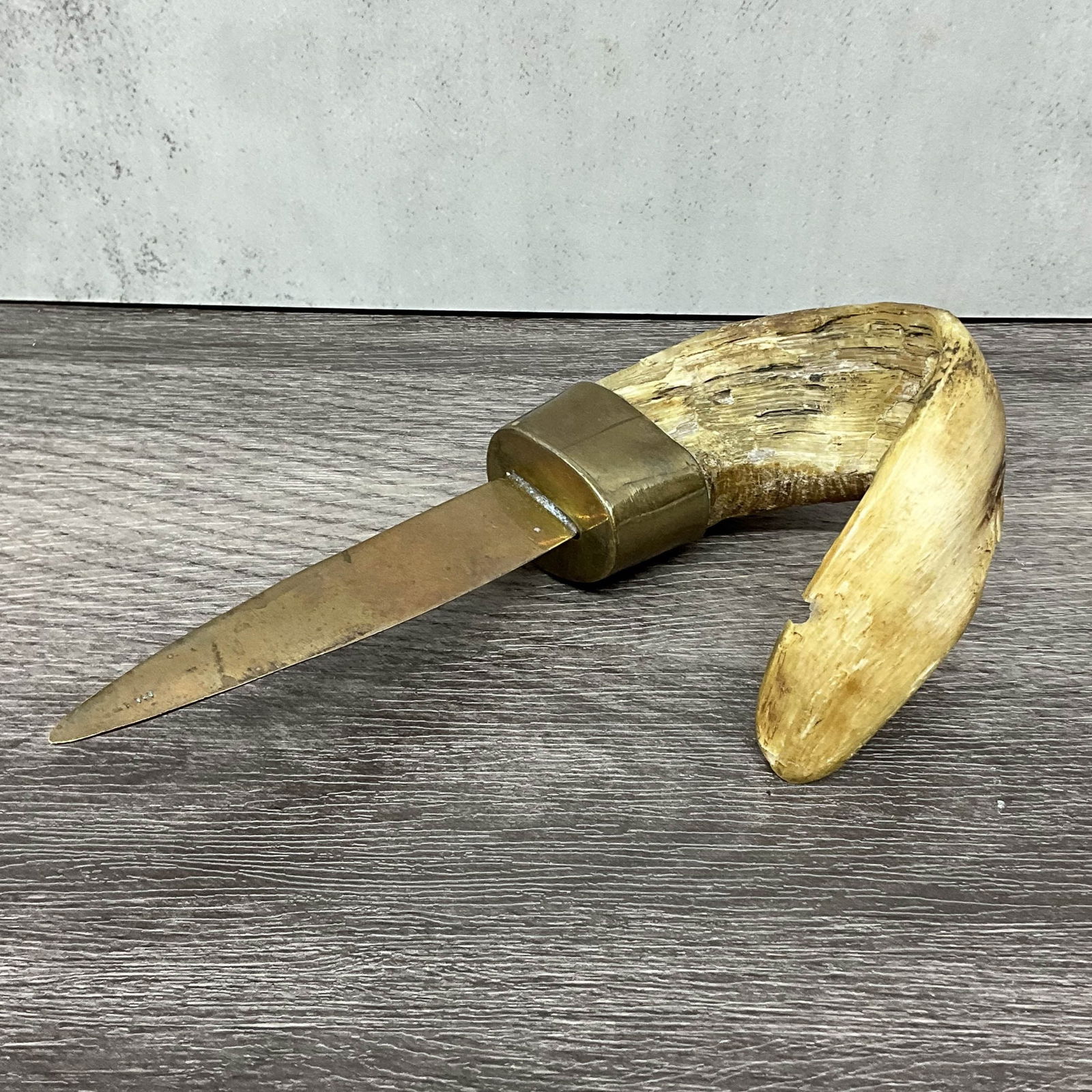 Horn & Brass Letter Opener: Antique letter opener, brass blade with curved sheep horn handle. Size: 6"T x 3"L x 1.5"D