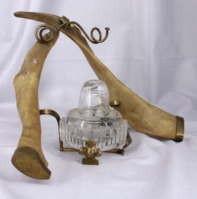 Goat's Horn Inkwell Standish, Brass Snakes