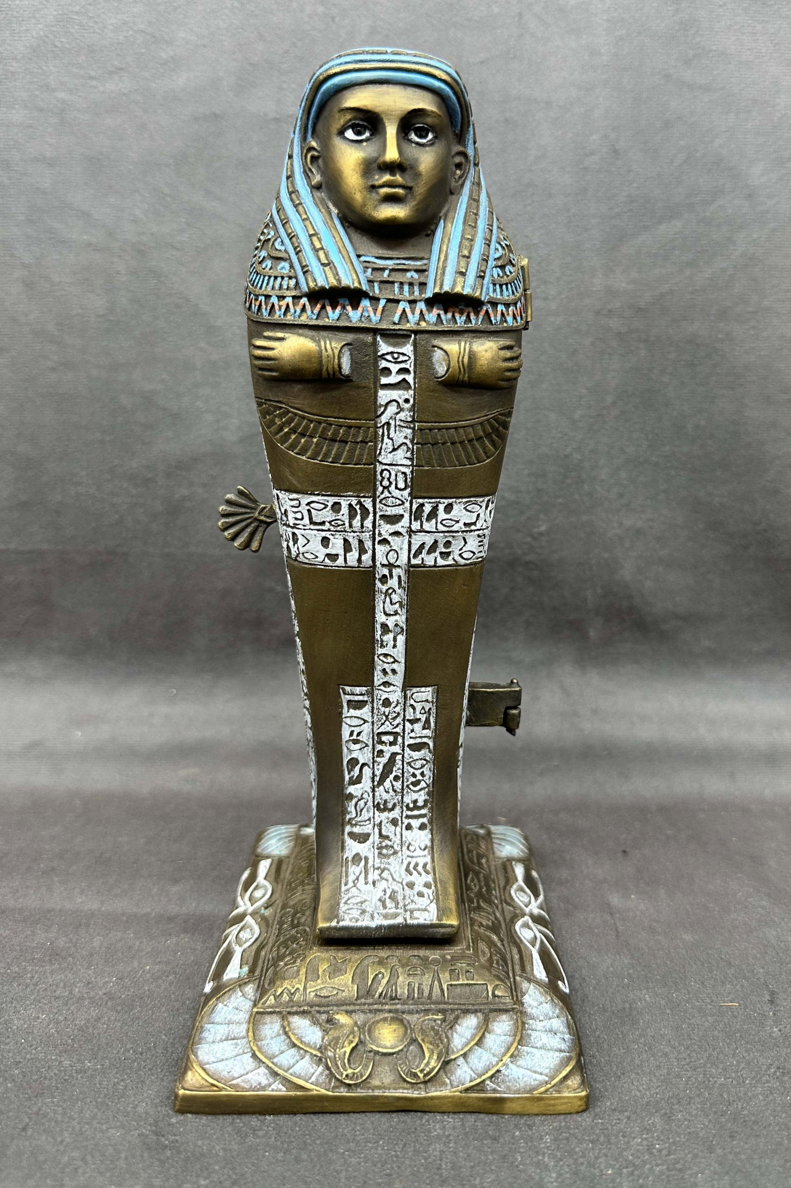 After Bergman, Bronze Sarcophagus: After Franz Bergman, Vienna bronze Egyptian sarcophagus with nude female inside. Hinge and locking mechanism work. Signed on back. Size: 8.5"T x 3.5"W x 4.75"D
