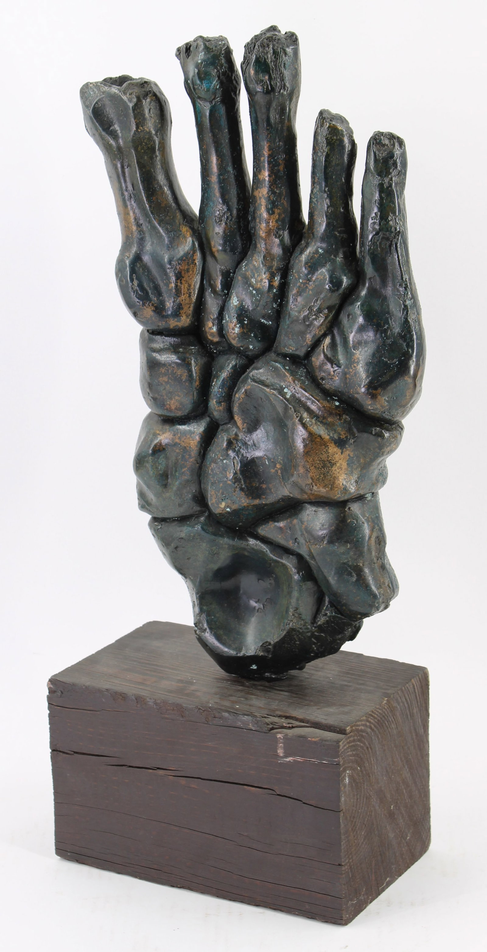 Lou Desmarais, Phalanges Sculpture, Bronze: Lou Desmarais, Phalanges Sculpture, Bronze hand form on wood plinth. . Size: 23"T x 9"W x 5.5"D