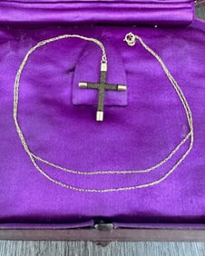 14K Gold Victorian Mourning Hair Work Cross
