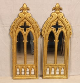 Pair Gold Framed Gothic Style Mirrors