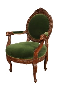Green Velvet Victorian Chair, Ram Head Arms