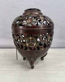 Japanese Pierced Bronze Censer Turned Lamp