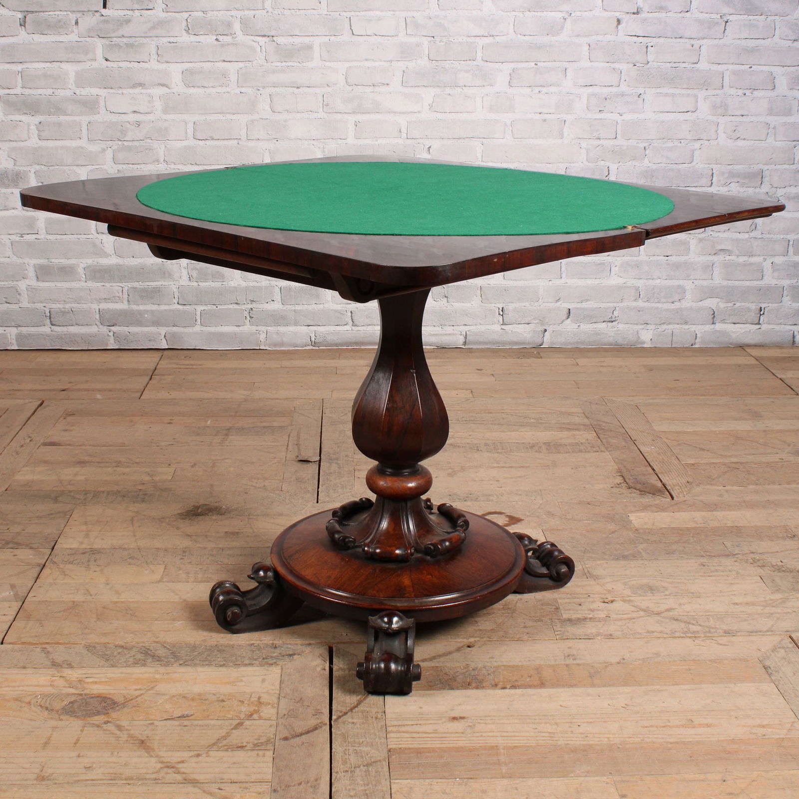 William IV rosewood pedestal gaming table. Green  felt and storage compartment. Size: 30"T x 36"L x (1 of 10)