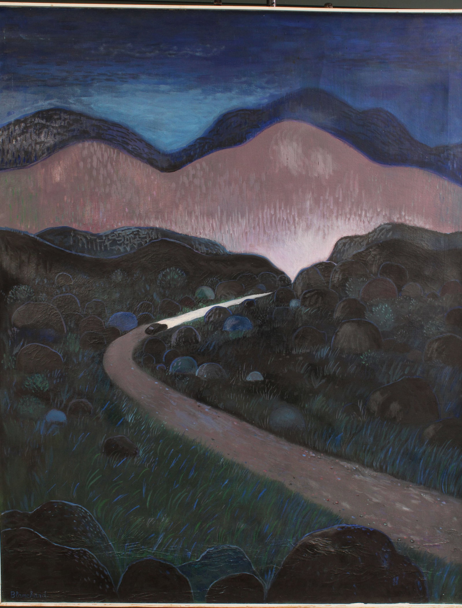 Moody and mysterious, The Pass, oil on canvas, framed, signed Blanchard. Size: 50.5"H x 40.5"W: Moody and mysterious, The Pass, oil on canvas, framed, signed Blanchard. Size: 50.5"H x 40.5"W