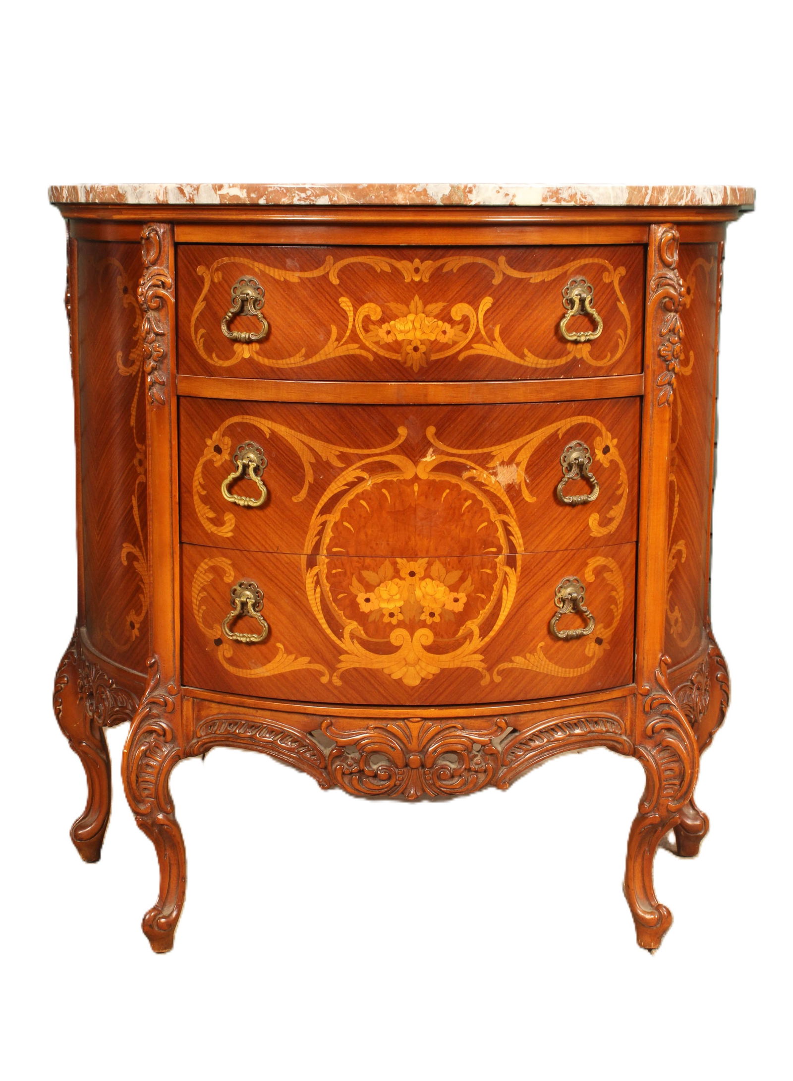 Demilune commode with floral inlay, carved scroll  work, cabriolet legs, 3 drawers, and marble top. (1 of 9)