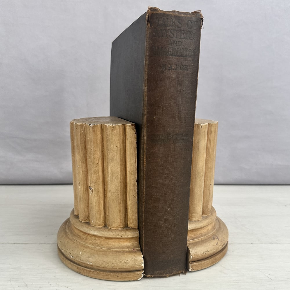 Carved wood bookends, faux finish paint, weighted. Size: 6.5"T x 7"L x 3.5"D each: Carved wood bookends, faux finish paint, weighted. Size: 6.5"T x 7"L x 3.5"D each