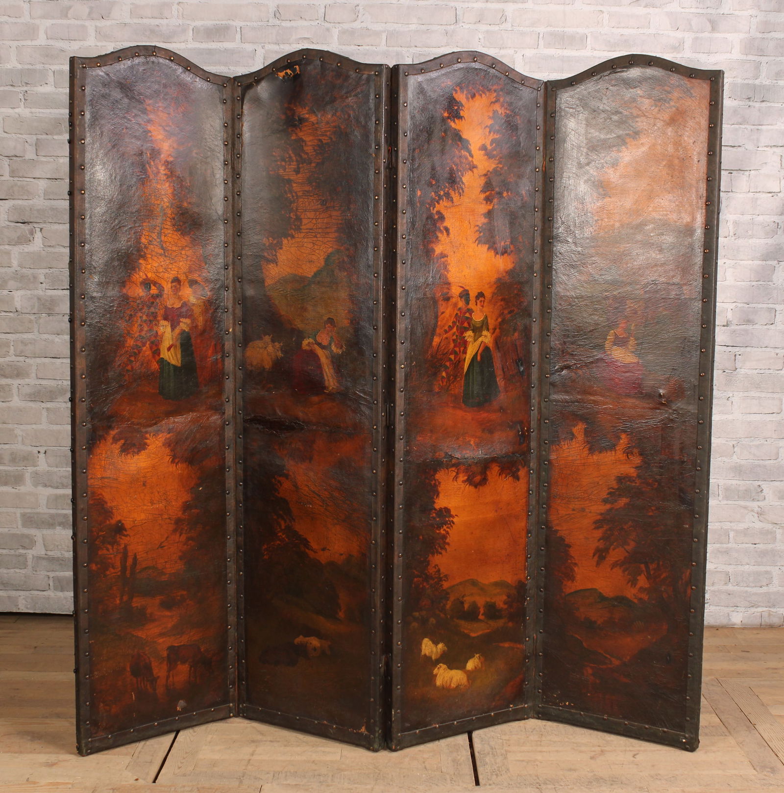 Idyllic Painted Room Divider or Screen. Courtesan  scenes. Size: 69.5"H x 72"L x 1.5"W (1 of 15)