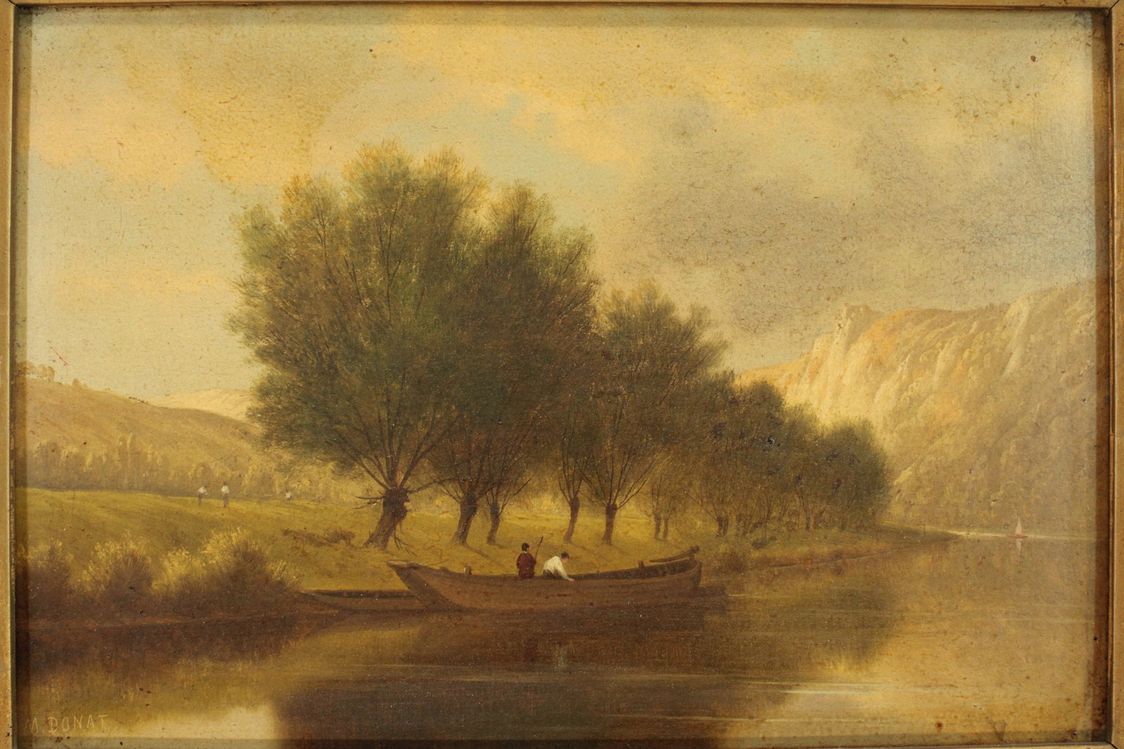 19th C oil painting, Signed M. Donat lower left. Landscape in gilt frame. Size: 15.75"T x 18.5"L x: 19th C oil painting, Signed M. Donat lower left. Landscape in gilt frame. Size: 15.75"T x 18.5"L x 2.25"D