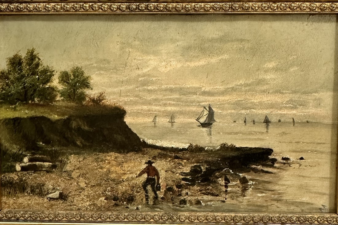 Dutch school style coastal seascape oil painting.  Gilt wood frame, signed AA on lower right corner. (1 of 9)
