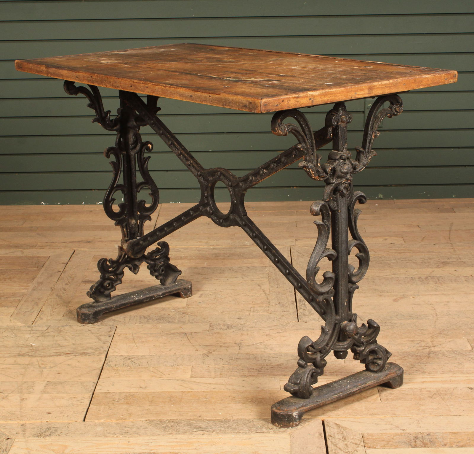 Antique garden table, wood top with cast iron base  with cross bar. Size: 29.5"H x 41"W x 22.5"D (1 of 7)