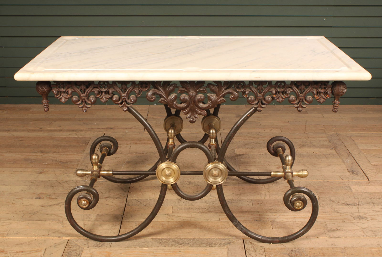 French style baker's table, cast iron and brass  acanthus leaf and scroll work base with marble (1 of 8)