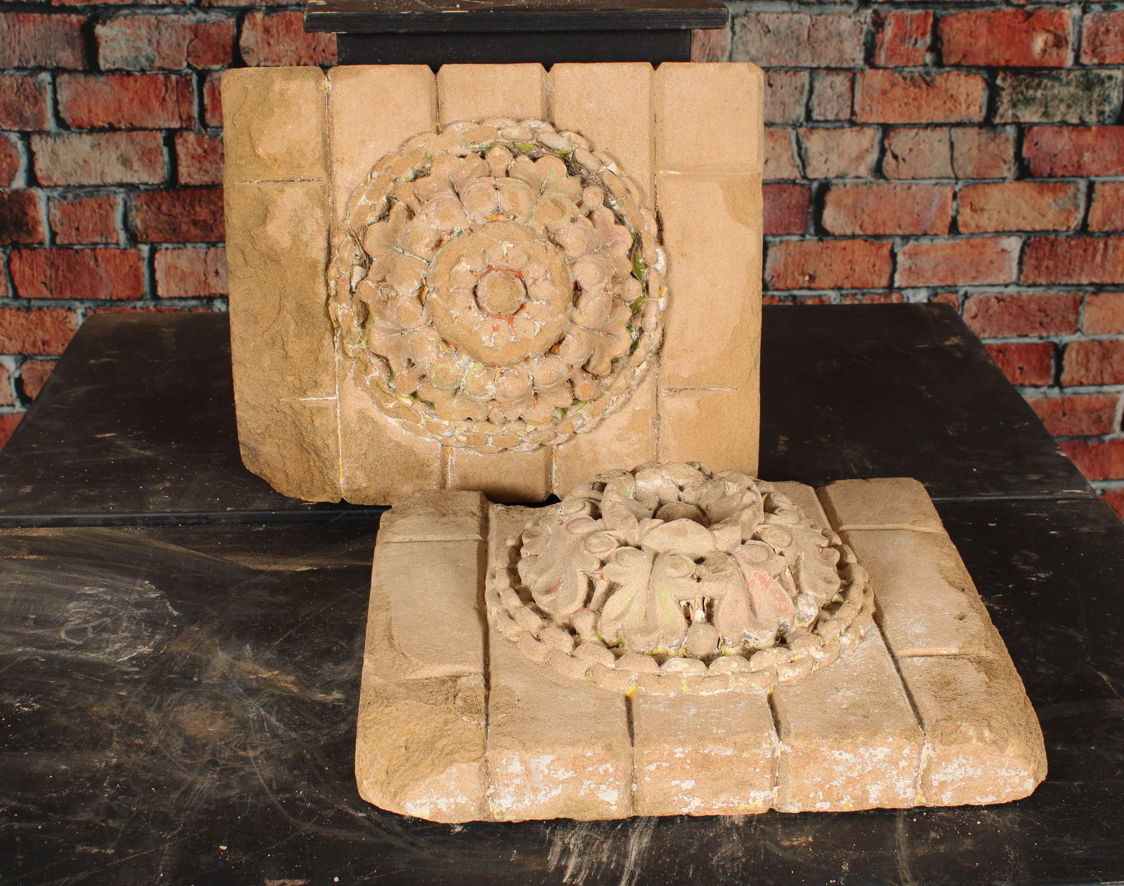 2 Architectural Carved Stone Rondels with central  rosette. Size: 15"H x 17.5"W x 5"D (1 of 4)