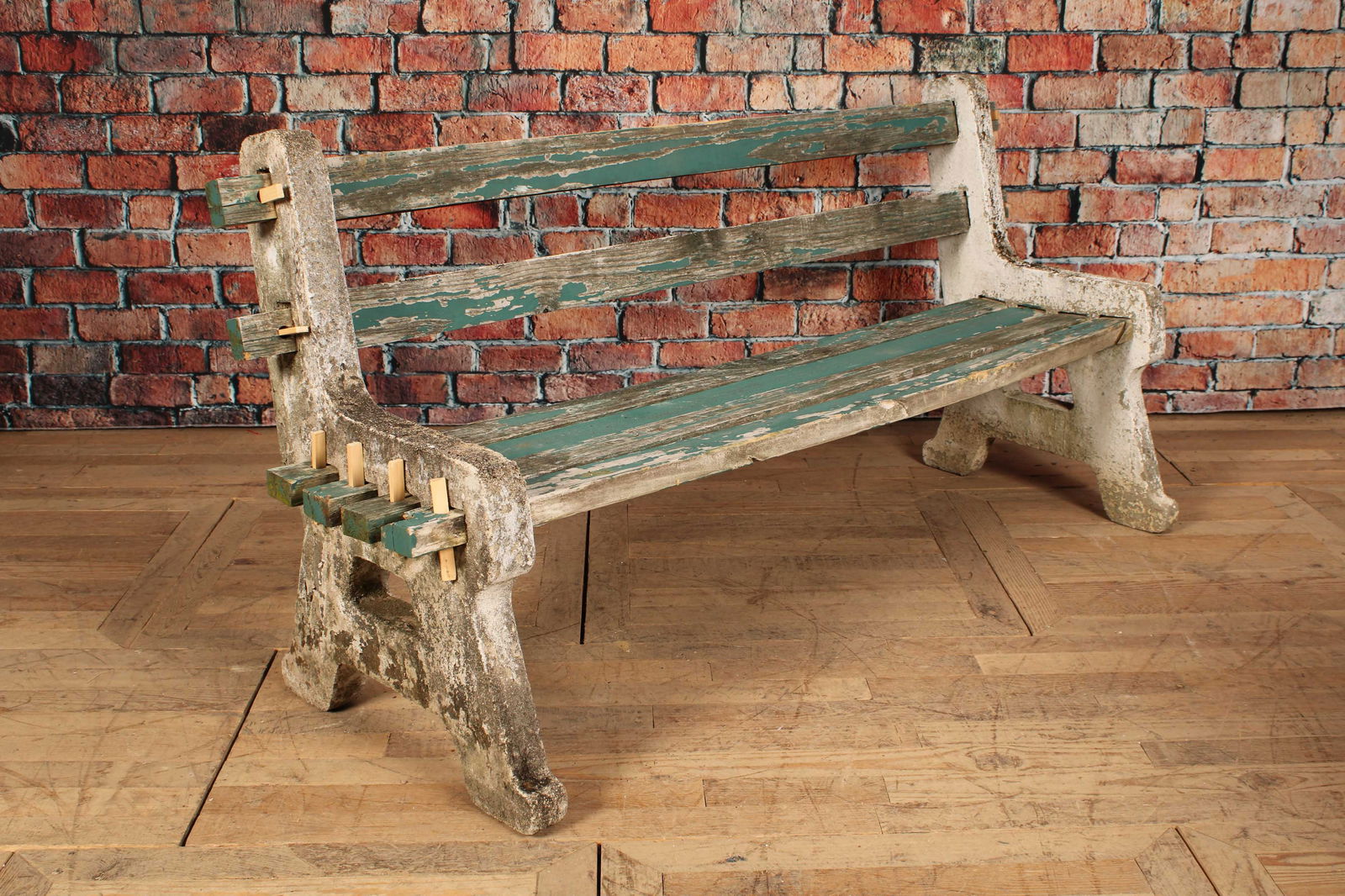 Vintage garden bench with cast stone supports and  painted wood slats. Size: 35"H x 72"W x 25"D (1 of 5)
