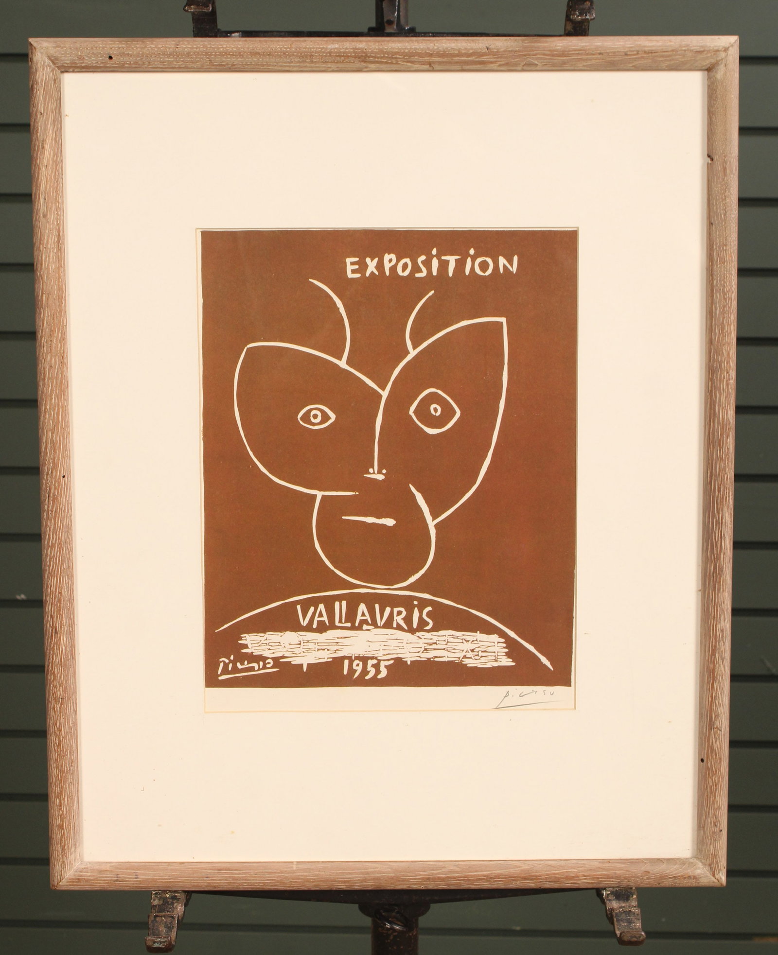 Linocut from Picasso's Exhibition Villauris, 1955, signed in pencil lower right. Size: frame 21"H x: Linocut from Picasso's Exhibition Villauris, 1955, signed in pencil lower right. Size: frame 21"H x 17"W mat 12"H x 9.25"W