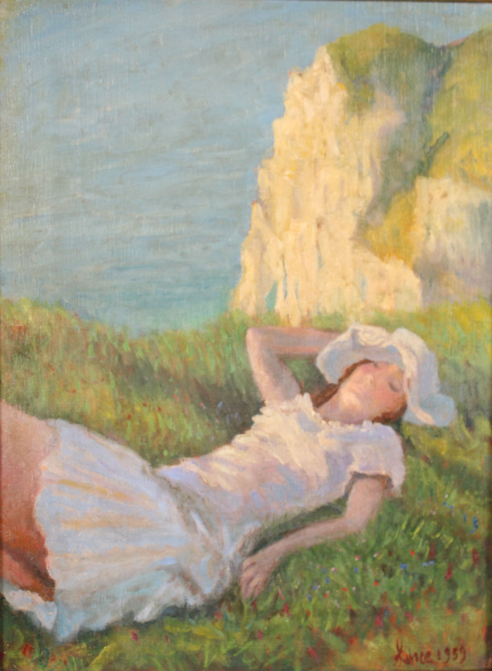 Impressionist portrait of a women relaxing in the grass. Frederic Luce (France, 1896-1974) som of: Impressionist portrait of a women relaxing in the grass. Frederic Luce (France, 1896-1974) som of painter Maximilien Luce. Dated 1959. Size: 22.5" Hx 18.5" W frame, 15.5" H x 11.5" W sight