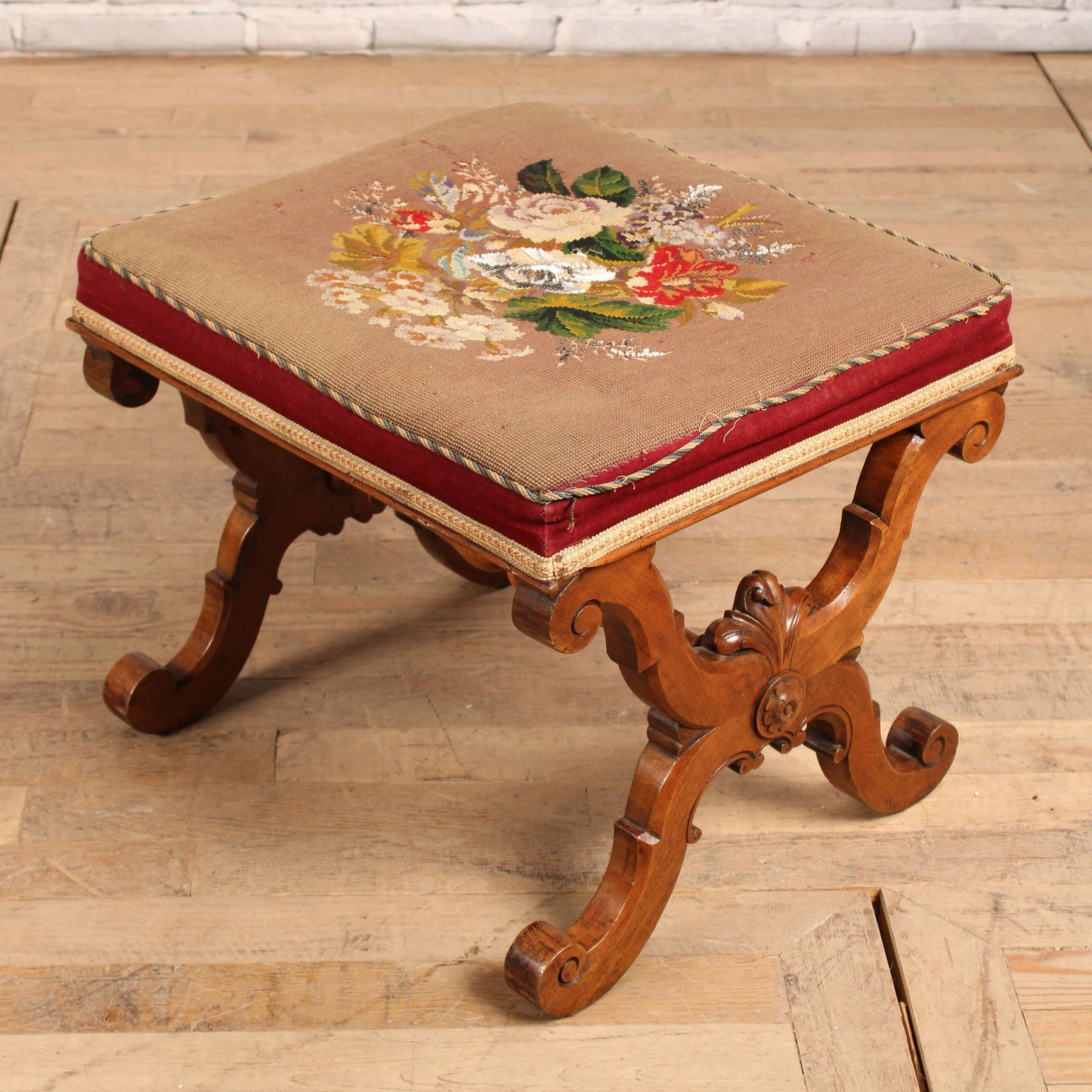 Antique 19th Century English Footstool.  Needlepoint and bead work seat. Size: 17"T x 21"W  x 19"D (1 of 7)