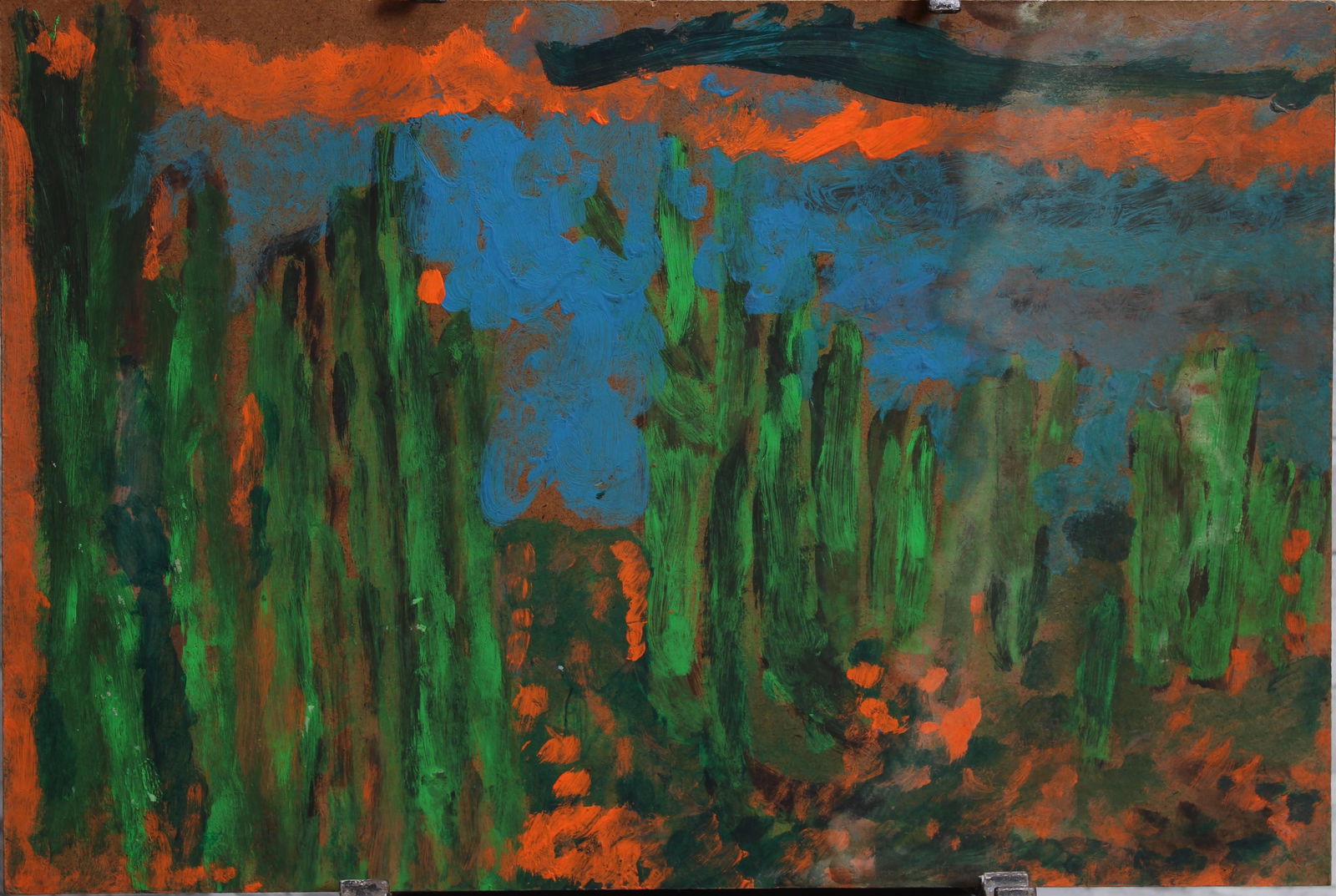 Justin McCarthy (20th C, Pennsylvania) Composition: Justin McCarthy (20th C, Pennsylvania) Composition, Wilderness, Burning Sky. Distant Landscape. A once prolific Outsider Artist, Justin McCarthy's work is widely recognized and appreciated by collecto