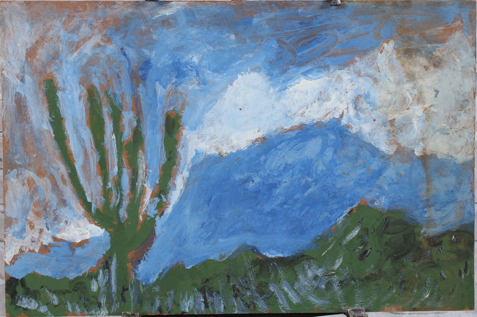 Justin McCarthy (20th C, Pennsylvania) Composition: Justin McCarthy (20th C, Pennsylvania) Composition. Naive Desert Landscape. Typical work inspired by television variety shows of the era. Recognized as a prolific Outsider Artist, JustinMcCarthy's wor