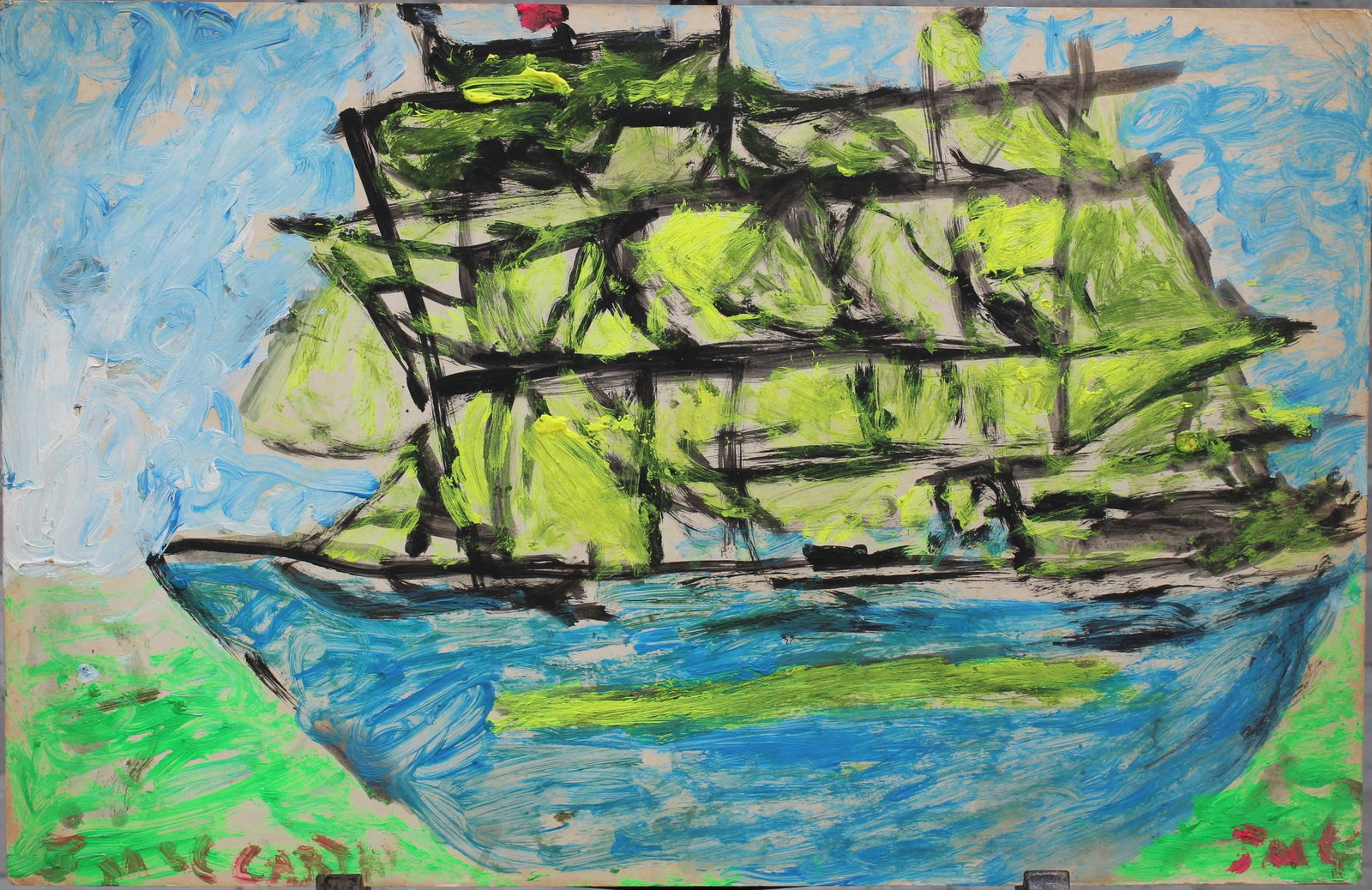 Justin McCarthy (20th C, Pennsylvania) Composition: Justin McCarthy (20th C, Pennsylvania) Composition. The Brigantine. Recognized as a prolific Outsider Artist, Justin McCarthy's work is widely recognized andappreciated by collectors of Naive, Art Bru