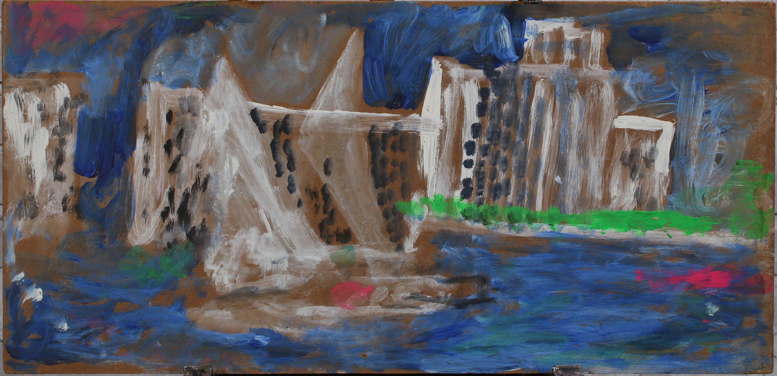 Justin McCarthy (20th C, Pennsylvania) Composition: Justin McCarthy (20th C, Pennsylvania) Composition. Harbor scene. Distant seascape. Typical work inspired by television variety shows of the era.Recognized as a prolific Outsider Artist, Justin McCart