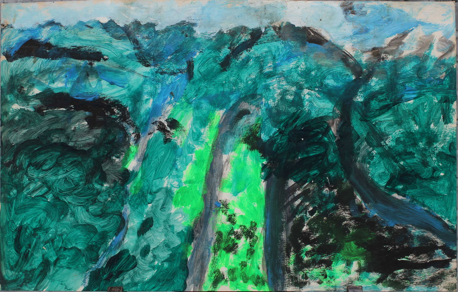 Justin McCarthy (20th C, Pennsylvania) Composition: Justin McCarthy (20th C, Pennsylvania) Composition. Naive landscape. Recognized as a prolific Outsider Artist, Justin McCarthy's work is widely recognized andappreciated by collectors of Naive, Art Br