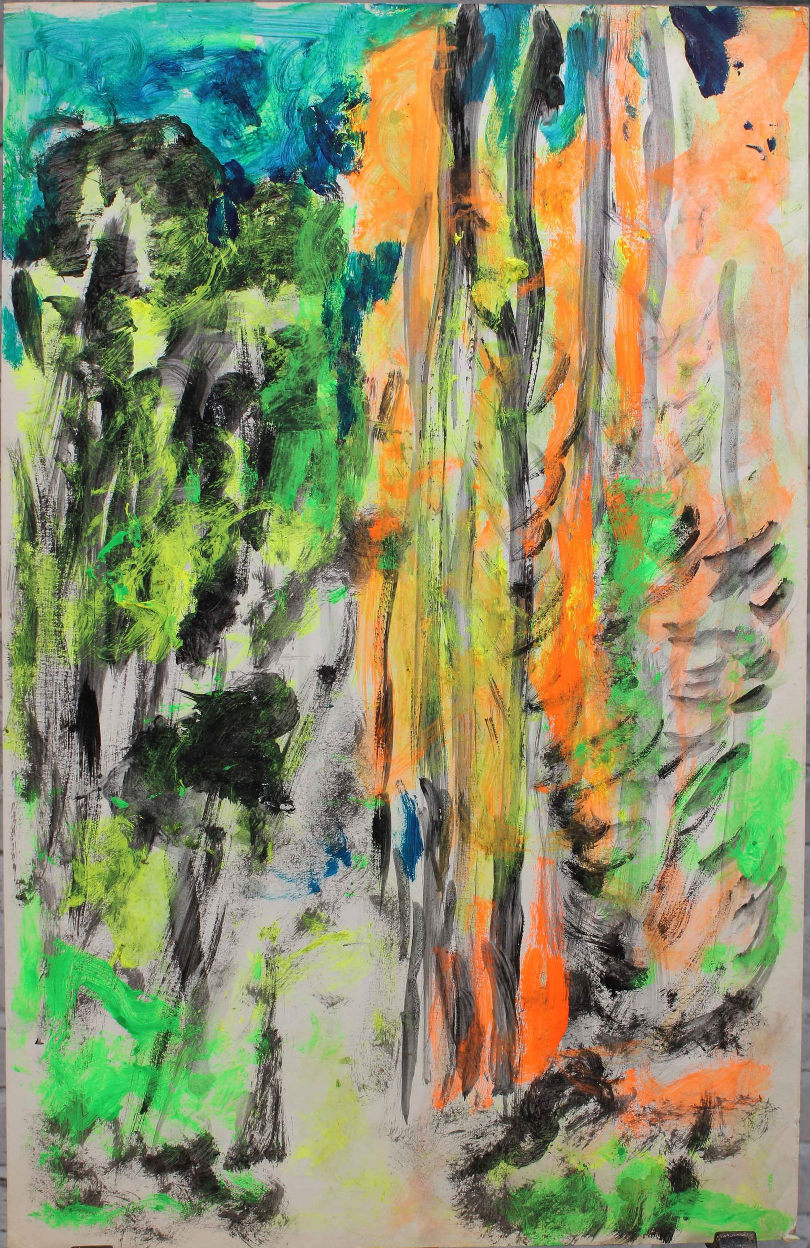 Justin McCarthy (20th C, Pennsylvania) Composition: Justin McCarthy (20th C, Pennsylvania) Composition. Primitive distant landscape. Typical work inspired by television variety shows of the era.Recognized as a prolific Outsider Artist, Justin McCarthy'