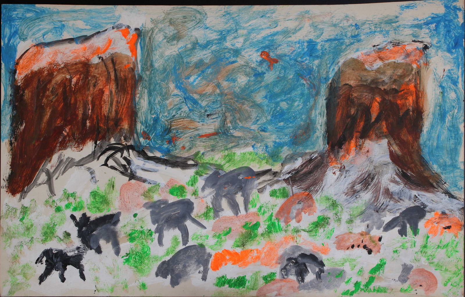 Justin McCarthy (20th C, Pennsylvania) Composition: Justin McCarthy (20th C, Pennsylvania) Composition. Naive distant landscape. Typical work inspired by television variety shows of the era. Recognized as a prolific Outsider Artist, JustinMcCarthy's wo