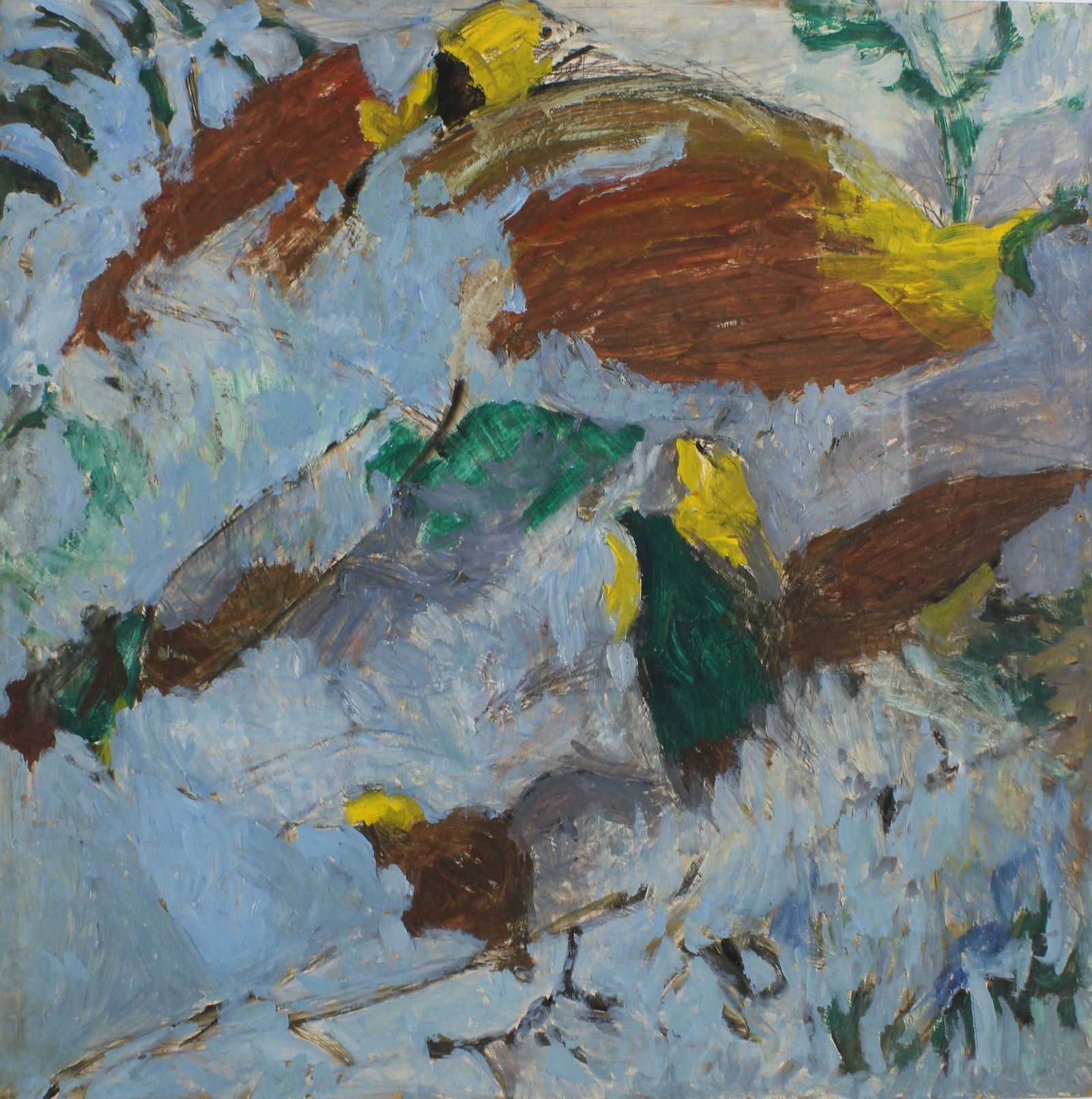 Justin McCarthy (20th C, Pennsylvania) Birds: Justin McCarthy (20th C, Pennsylvania) Composition, Birds in flight.. Oil on masonite. Typical work inspired by television variety shows of the era.A once prolific Outsider Artist, Justin McCarthy's w