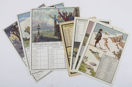 7 Calendar Prints, 19th C, German