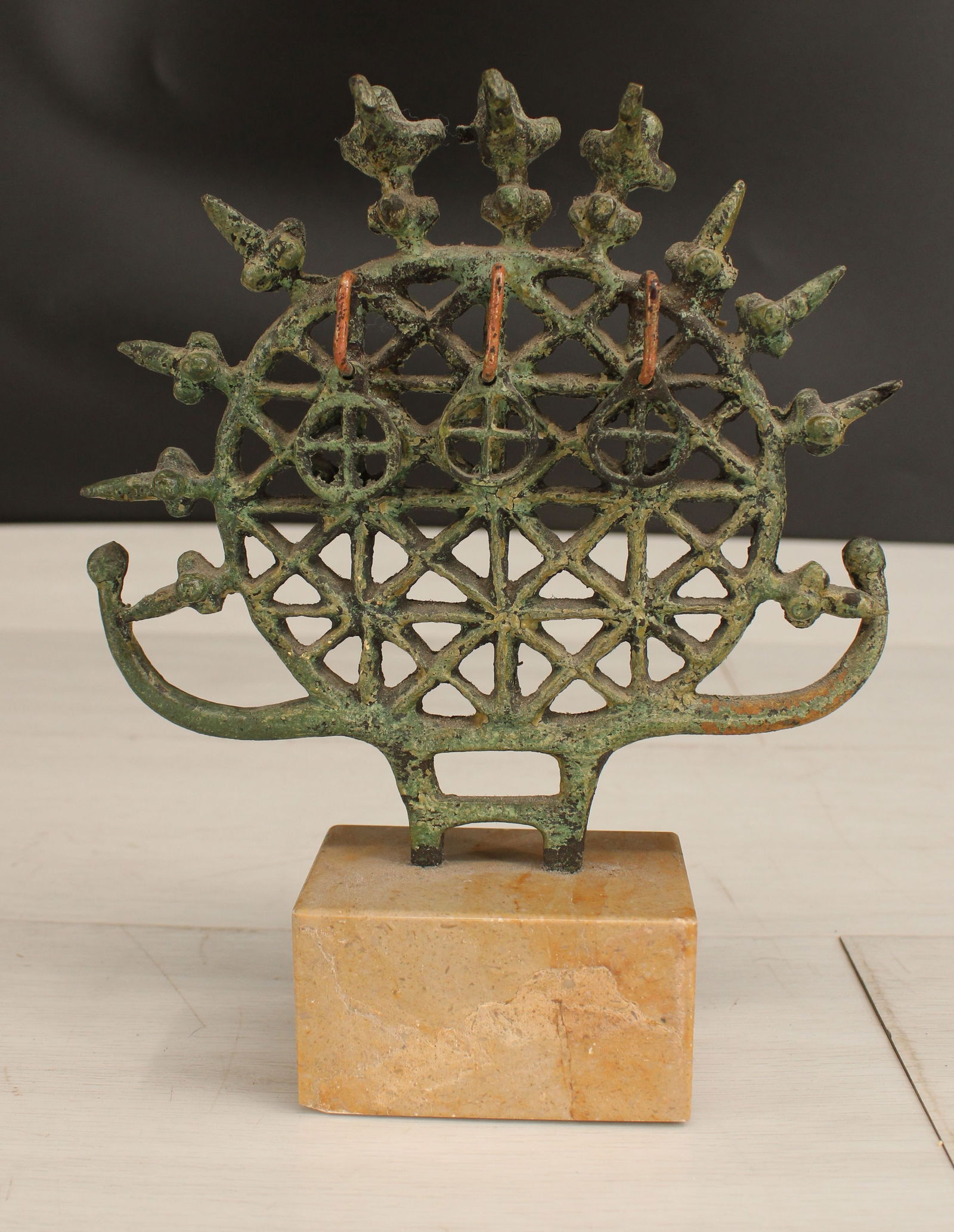 Alaca- Bronze Hittite Sun Disk: Hittite sun disk in bronze on stone base, Turkey, Anatolian. Size: 7"T x 6"W x 2"D