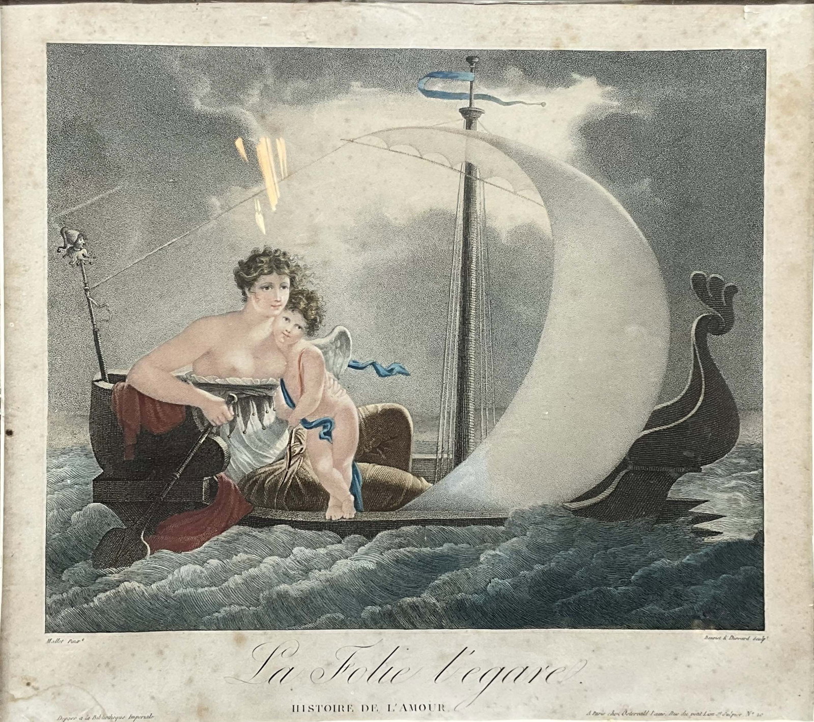 After Mallet, Folly Adrift, Chromolithograph: After Mallet, Folly Adrift, Chromolithograph. Size: 17"T x 18.5"W, 1" frame