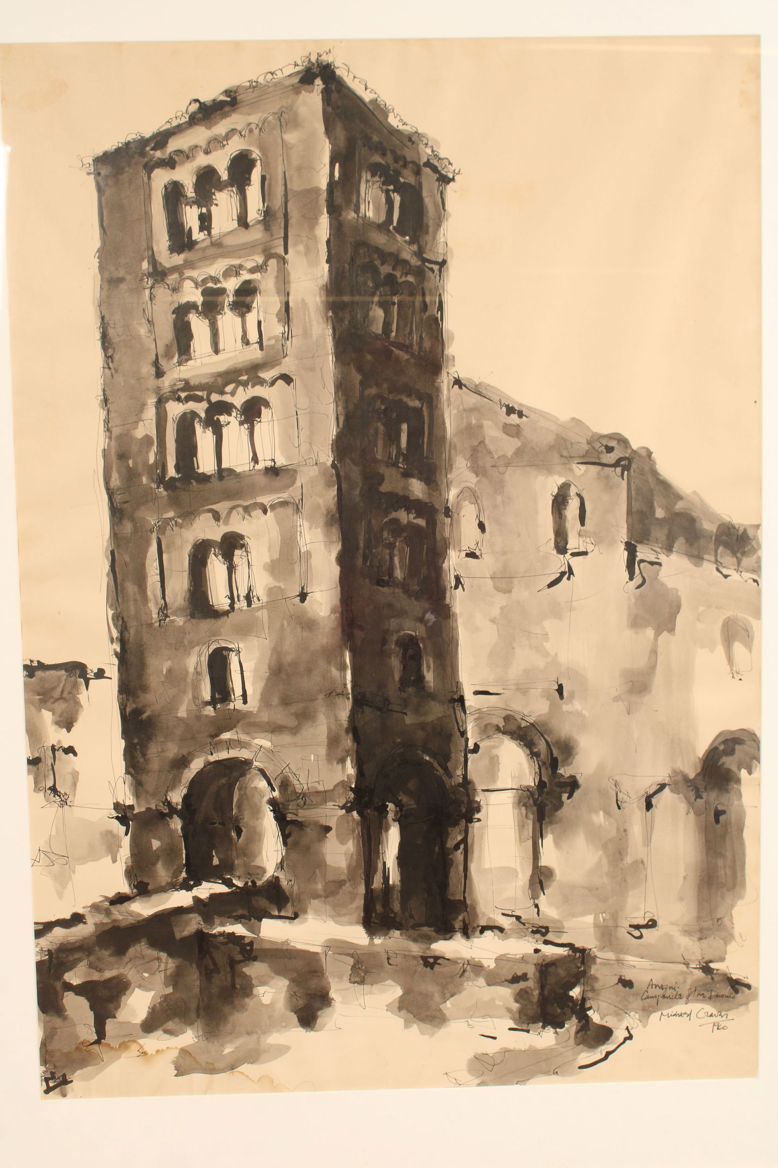 Michael Graves1960 Duomo Agnani Inkwash Drawing: Pen and ink on paper drawing from Michael Graves (American 1934-2015), framed and matted, dated 1960. Grand Tour Drawing Anagni Campanile & the Duomo, Italy. Framed and re-dedicated by Michael Graves