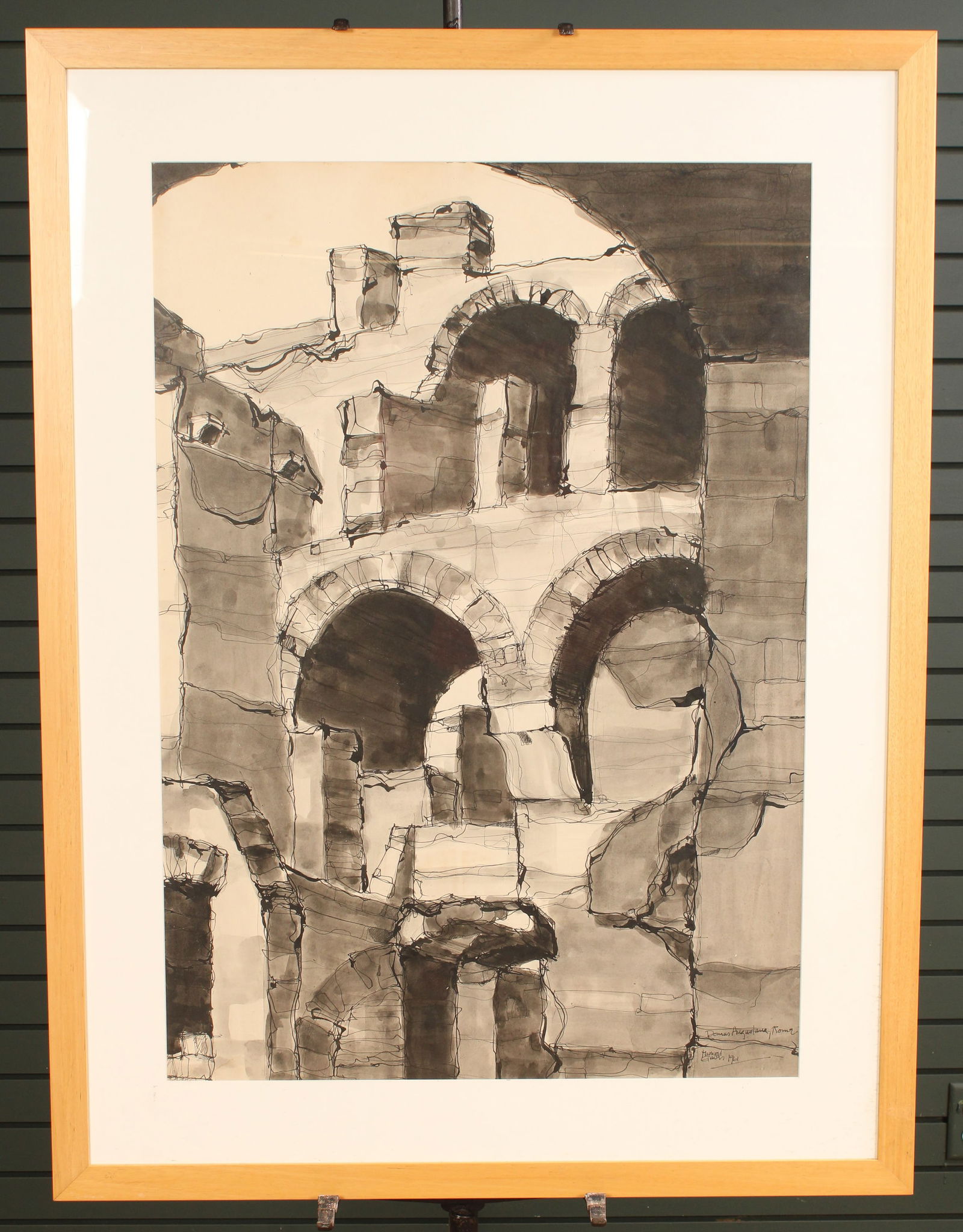 Michael Graves, 1961 Rome Inkwash Drawing: Pen and ink on paper drawing from Michael Graves (American 1934-2015), framed and matted, dated 1961. Grand Tour drawing, Domus Augustana, Rome Italy. Framed and re-dedicated by Michael Graves in 2000
