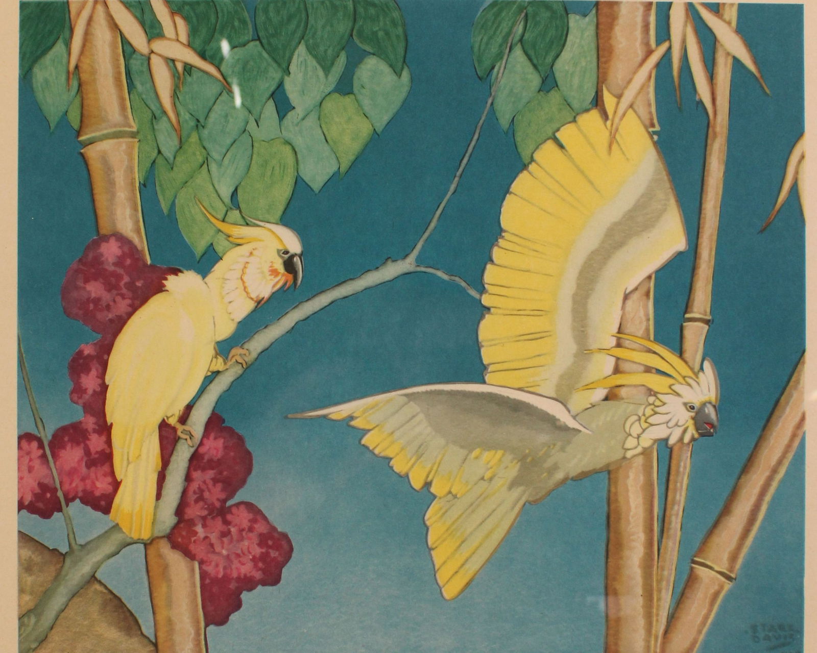 Tropical Evening Print, Stark Davis: "Tropical Evening" Lithograph by Stark Davis(1885-1950), framed. Size: 17.25"T x 19.5"W