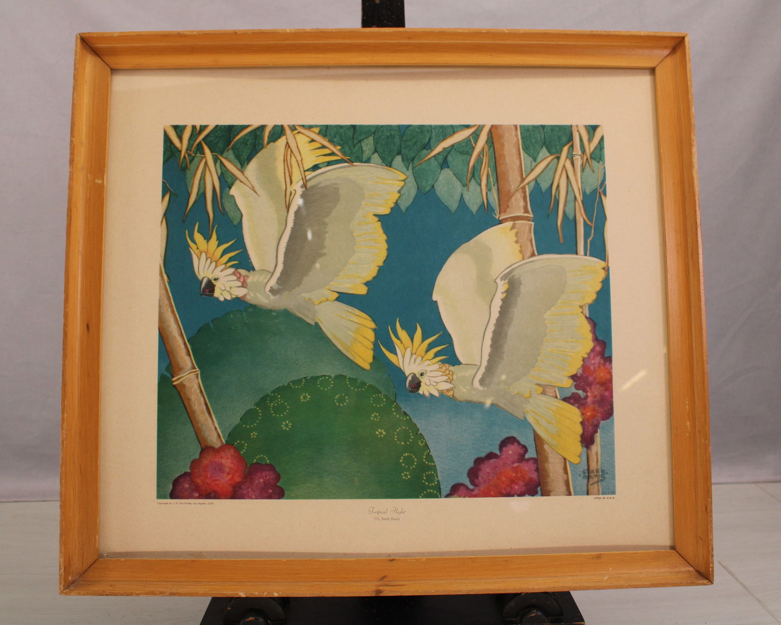 Tropical Flight Print, Stark Davis: "Tropical Flight" Lithograph by Stark Davis(1885-1950), framed. Size: 17.25"T x 19.5"W