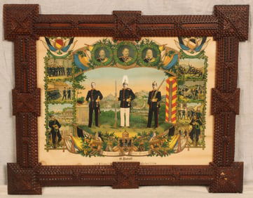 Tramp Art Frame, German Memorial Lithograph
