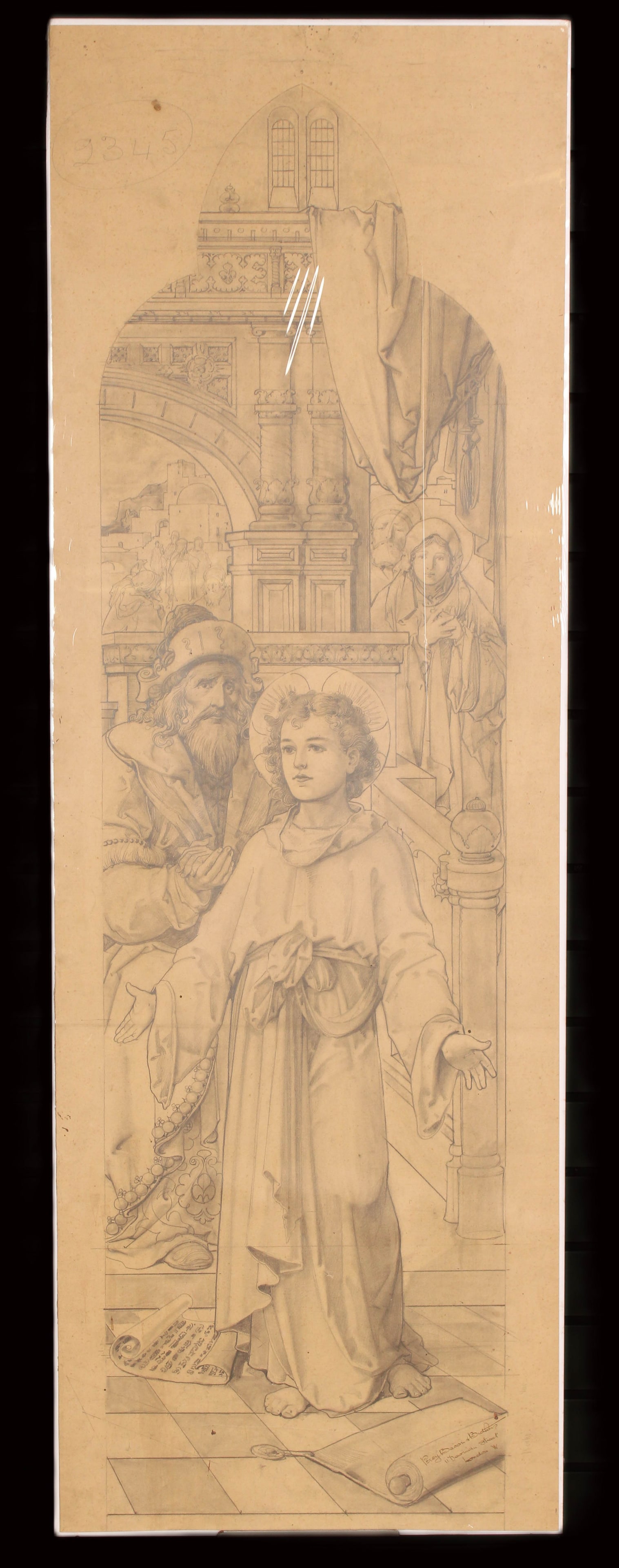 Stained Glass Pencil Sketch, London Studio: Original pencil sketch for a stained glass window from Percy Bacon & Brothers, signed. The firm was in operation at 11 Newman St. in London from 1892 until the 1930's. A Founding member of the British