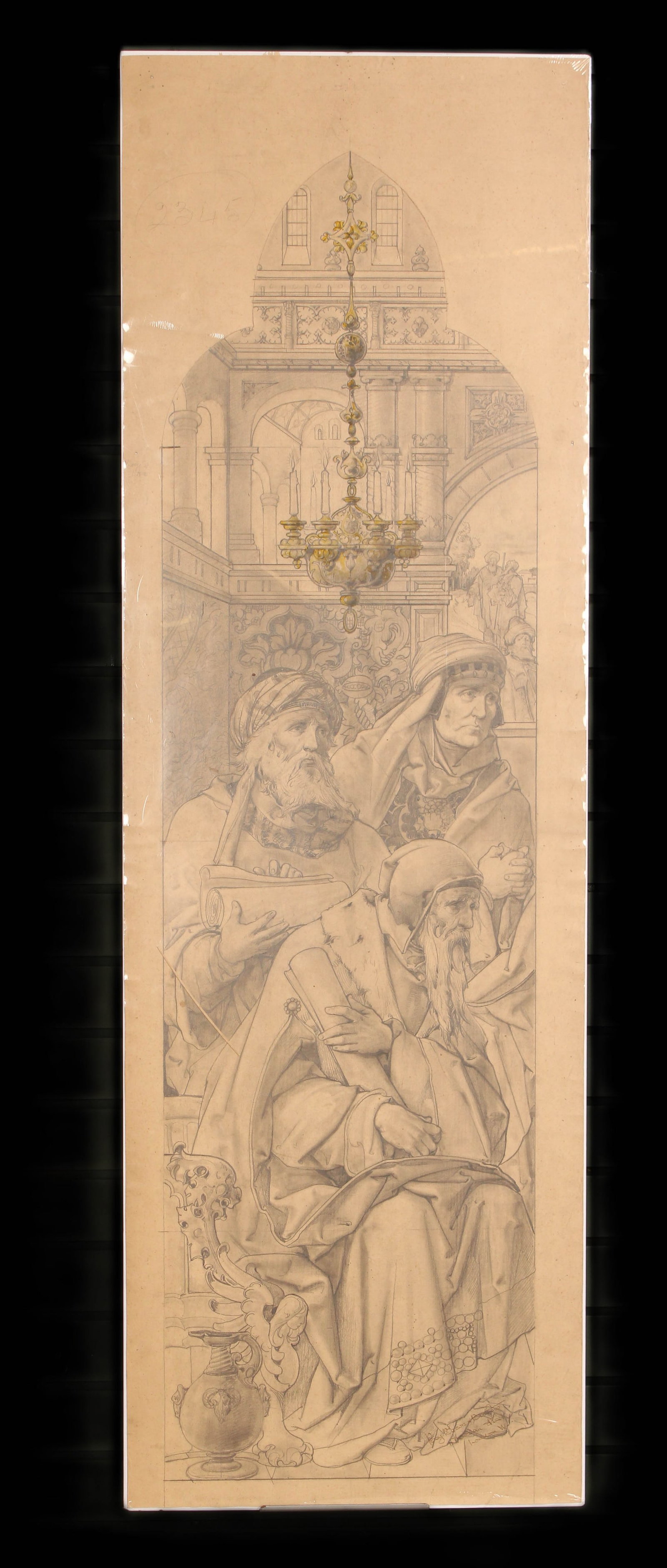 Victorian Era Stained Glass Pencil Sketch, Cartoon: Original pencil sketch for a stained glass window from Percy Bacon & Brothers, signed. The firm was in operation at 11 Newman St. in London from 1892 until the 1930's. A Founding member of the British