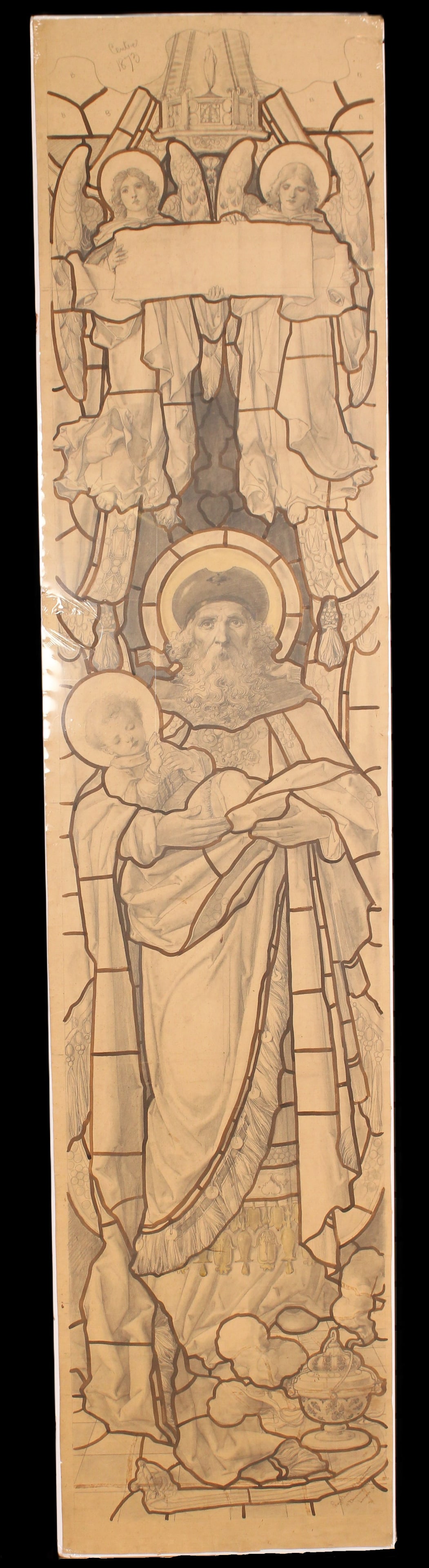 Grand Scale Stained Glass Pencil Sketch: Original pencil sketch for a stained glass window from Percy Bacon & Brothers, signed. The firm was in operation at 11 Newman St. in London from 1892 until the 1930's. A Founding member of the British