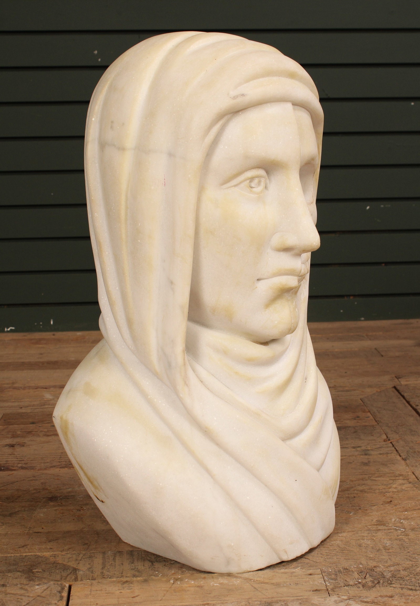 Marble Bust, Shrouded Flesh & Bone, Janus: Great scale carved marble bust of a shrouded figure, half alive half dead, two faced Janus imagery. Size: 22"H x 14"W x 10"D