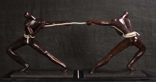 Bronze Figural Group, Tug of War, Signed Sassoon