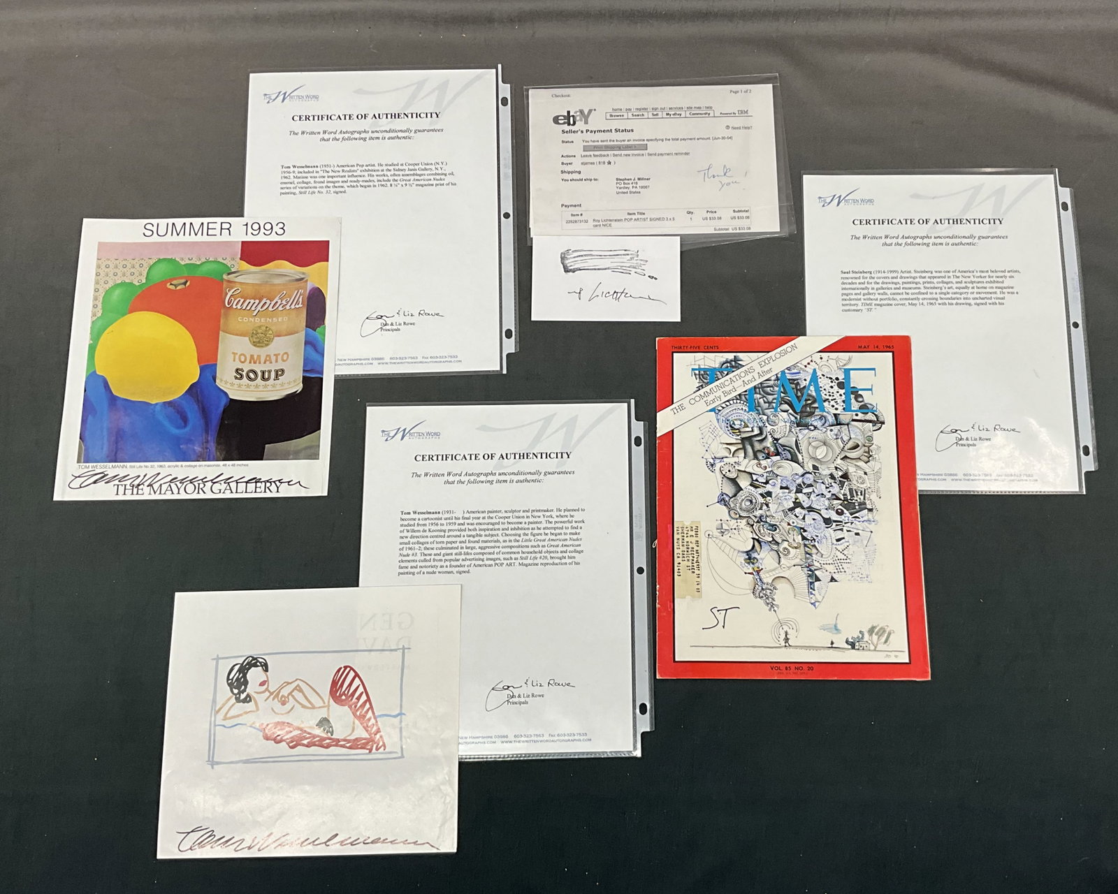 Group of Modern Artist Autographs, Wesselmann,: Group of Modern Artist Autographs, Wesselmann, Liechtenstein, Steinberg. Size: largest 10"T x 8"W